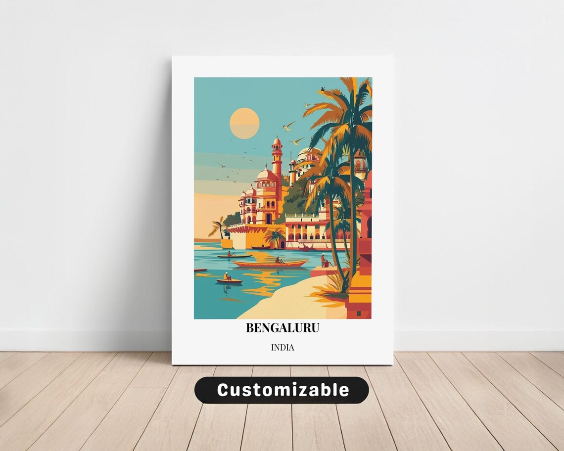 Bengaluru India Palace Lake Boats Palm Golden Travel Art Poster