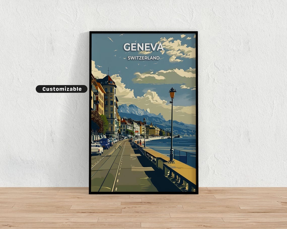 Geneva Switzerland Lakefront Promenade With Alps Vintage Travel Poster