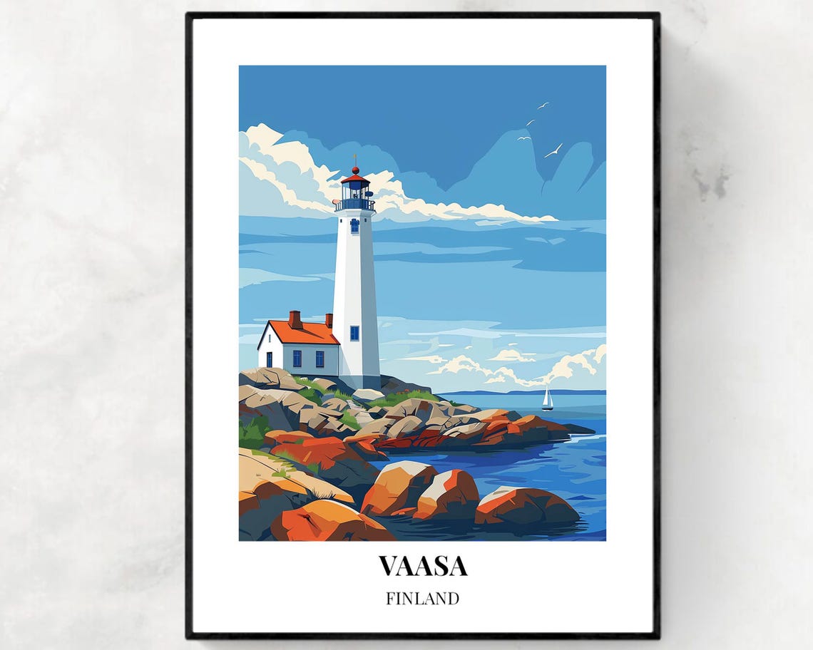 Vaasa Finland White Lighthouse Red Granite Shore Travel Poster