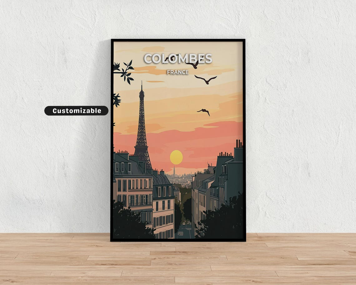 Colombes France Eiffel Tower Sunset Rooftops Travel Poster Art Decor