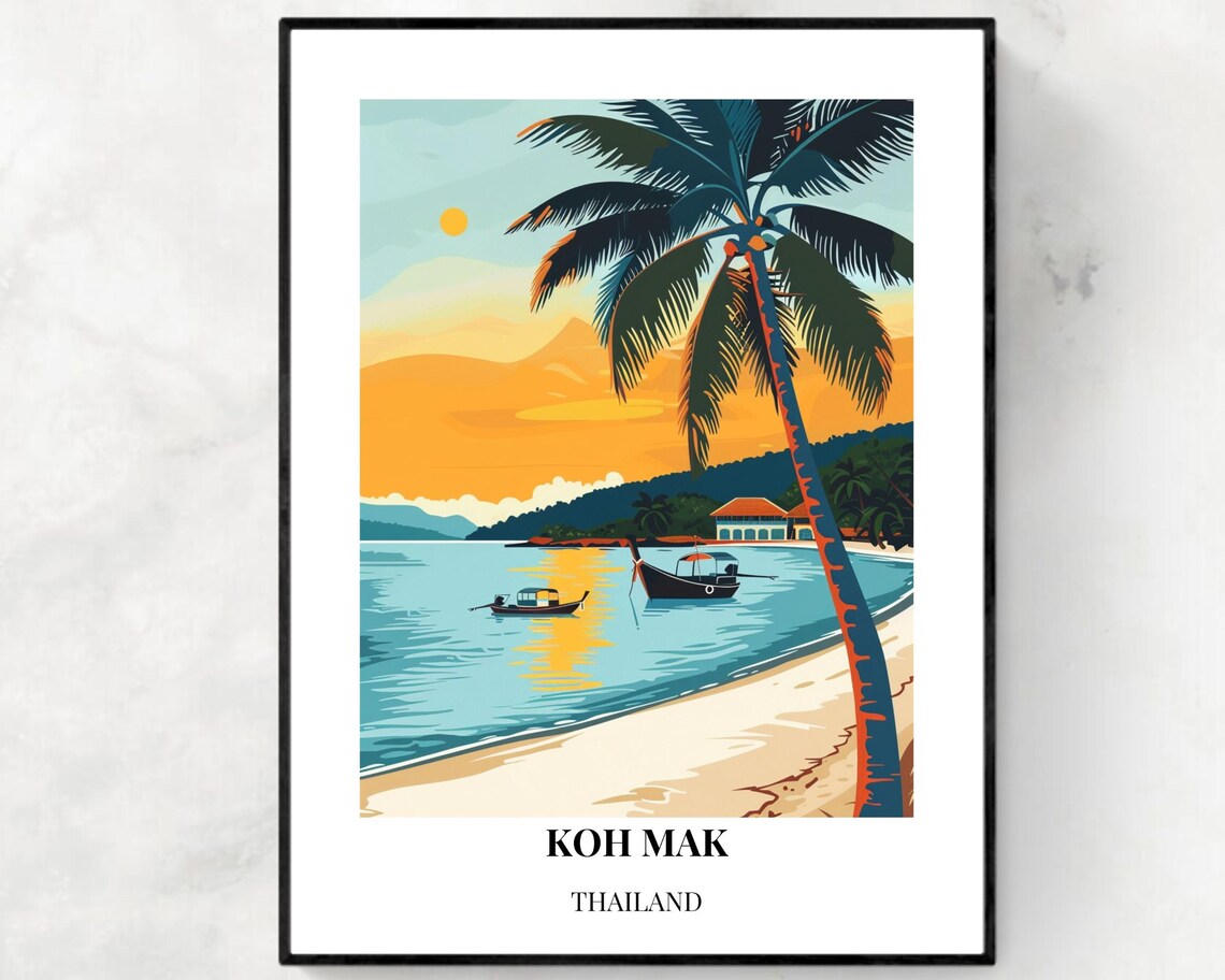 Koh Mak Thailand Palm Beach Sunset Boats Tropical Travel Poster