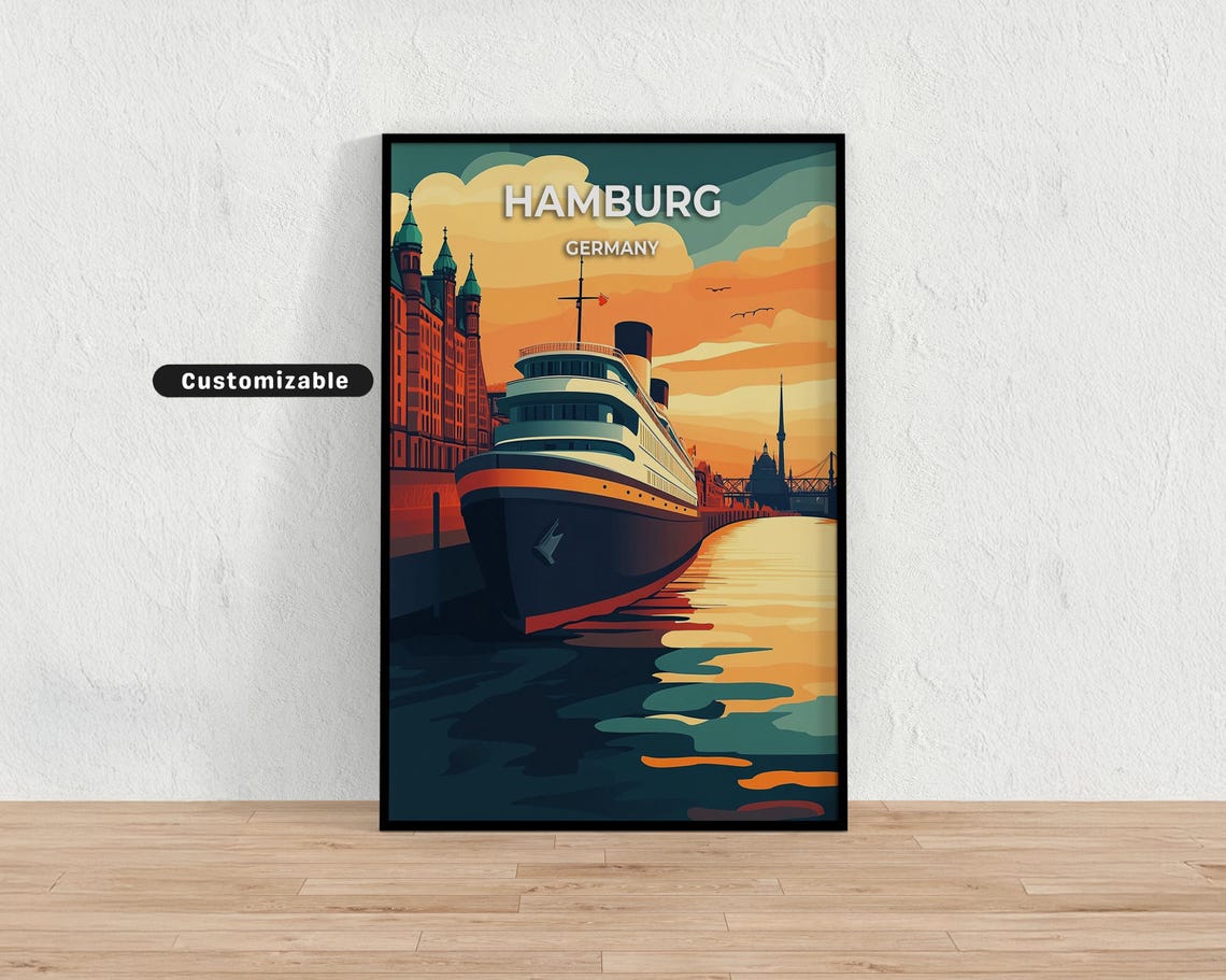 Hamburg Germany Harbor Ocean Liner Sunset Vintage Travel Poster Art