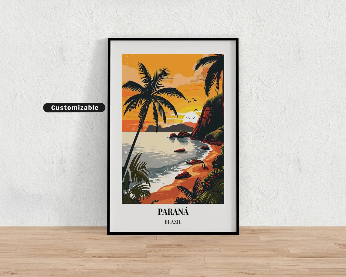 Parana Brazil Tropical Beach Sunset Palm Tree Travel Poster Art