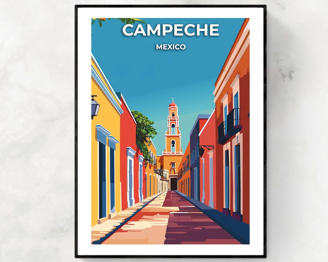 Campeche Mexico Vivid Colonial Street Golden Church Tower Poster