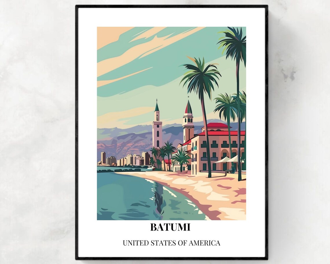 Batumi Palm Promenade Pastel Seaside Vintage-Style Travel Poster