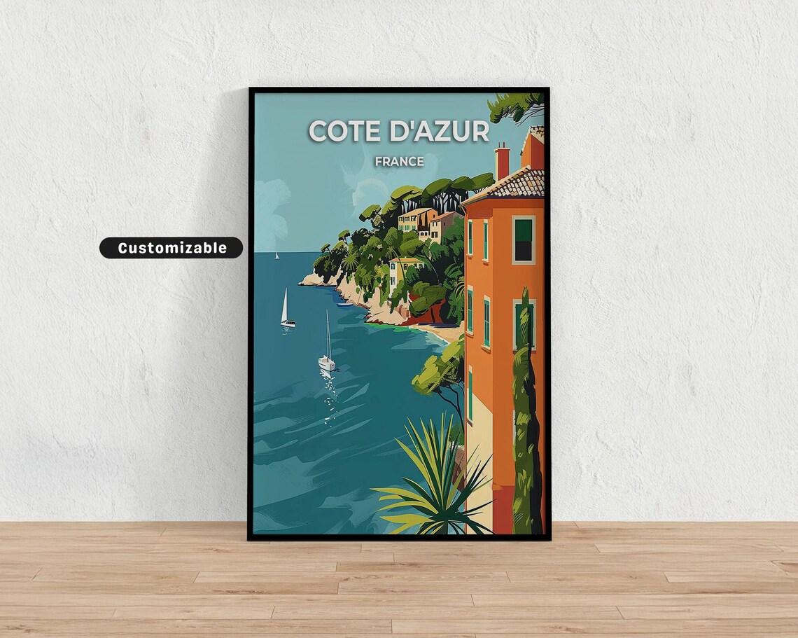 Cote d'Azur France Cliffside Villa Sailboats Vintage Travel Poster