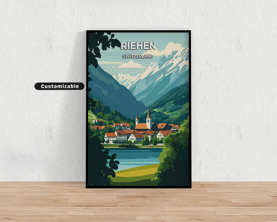 Riehen Switzerland Lakeside Village Travel Poster Twin Spires Mountain