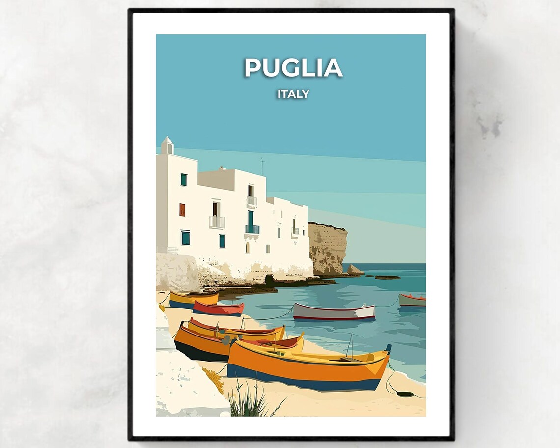 Puglia Italy Whitewashed Cliff Fishing Boats Vintage Travel Poster