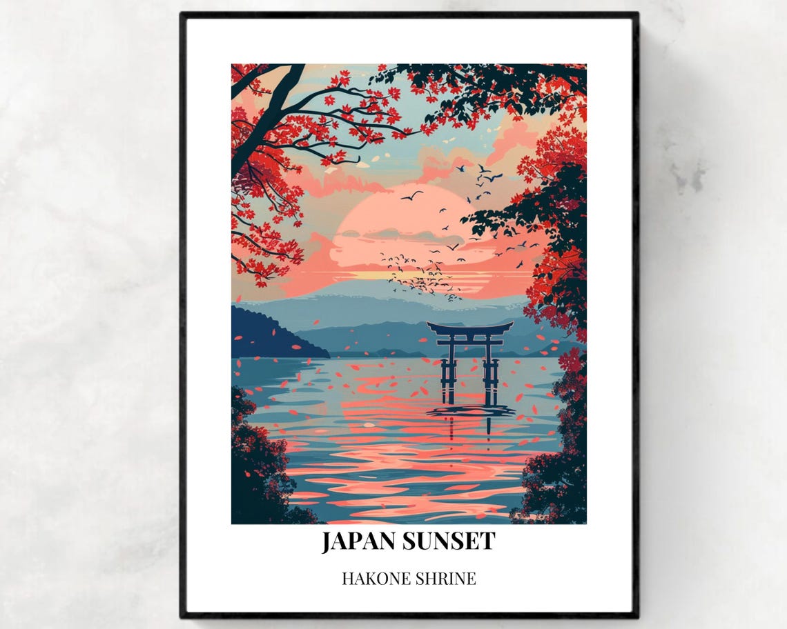 Japan Sunset Floating Torii Gate on Lake at Hakone Shrine Poster