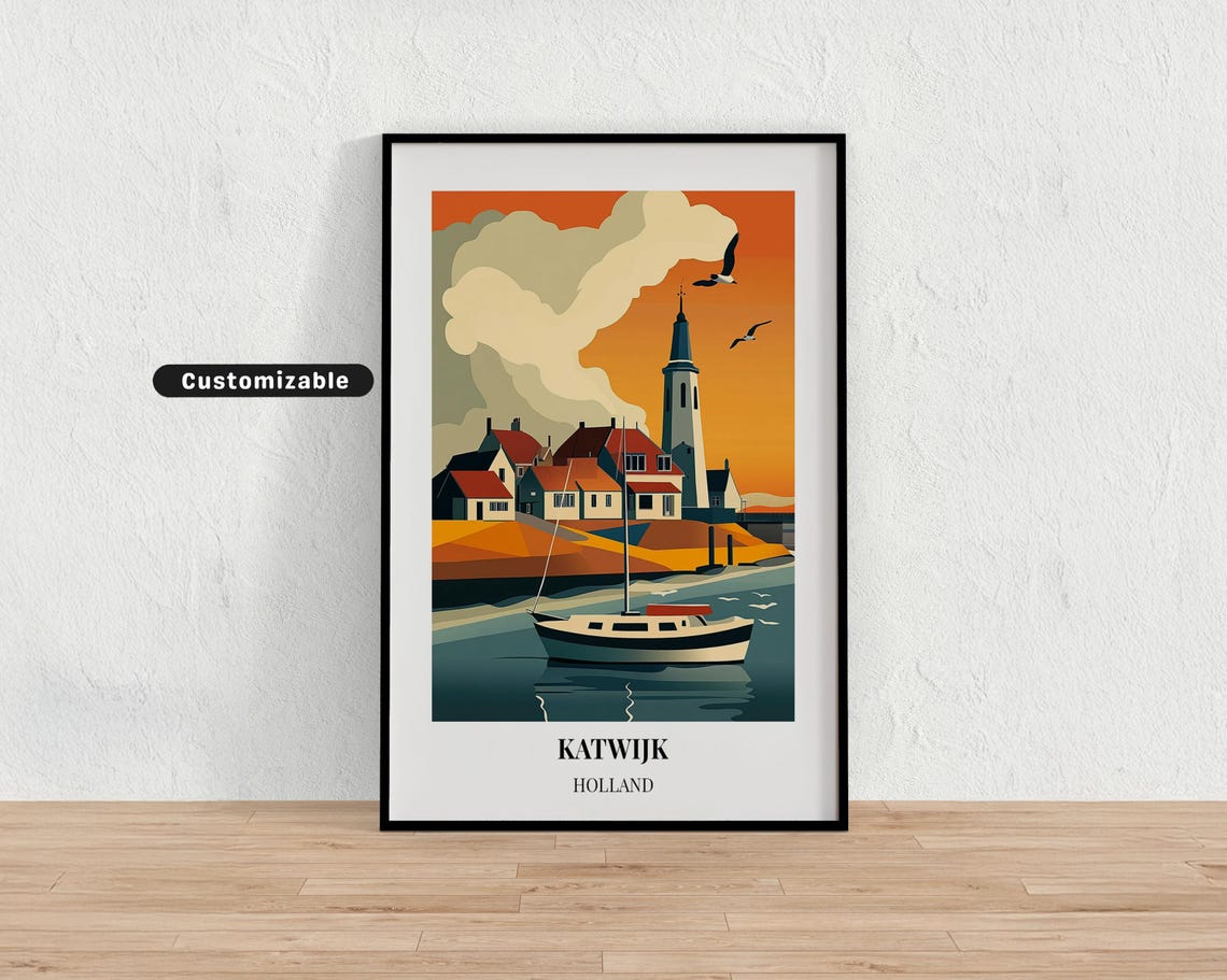 Orange Katwijk Holland Harbor Sailboat Sunset Village Travel Poster