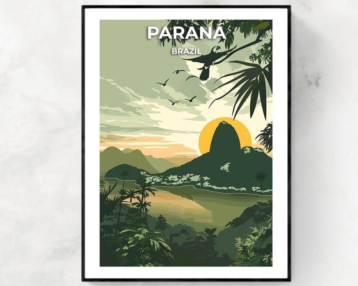 Parana Brazil Green Sunset Lake Landscape with Birds Nature Poster
