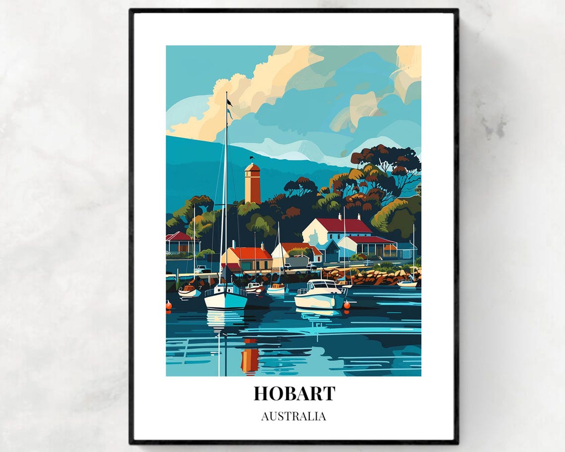 Hobart Australia Colourful Harbour Boats Lighthouse Travel Poster
