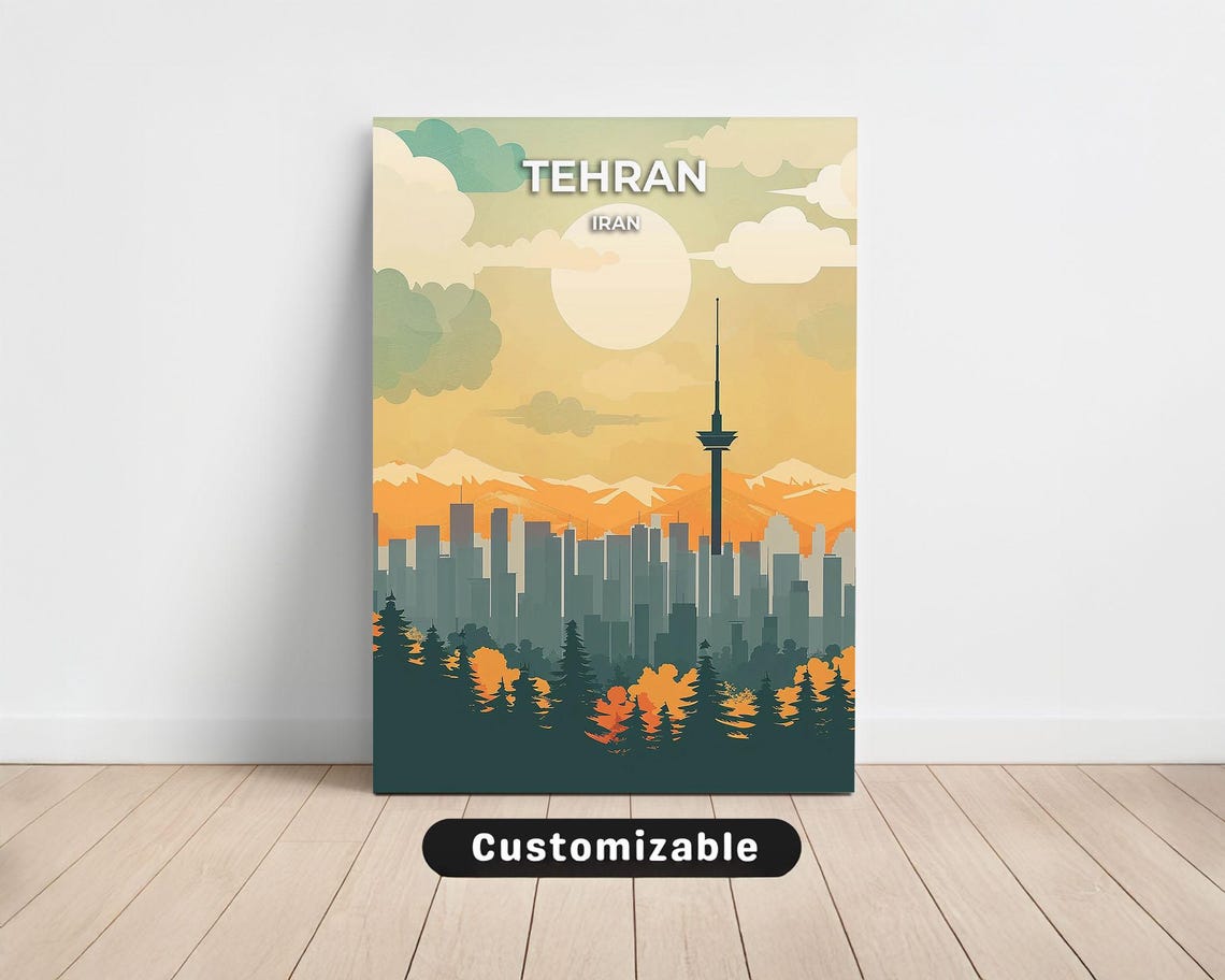 Tehran Iran Vintage Travel Poster Milad Tower Sunset Skyline Art