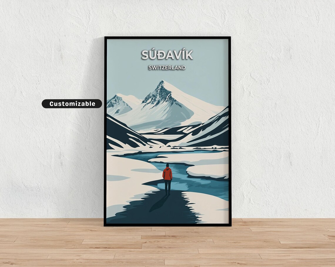 Súðavík Switzerland Winter Snowy Mountain Hiker Travel Poster