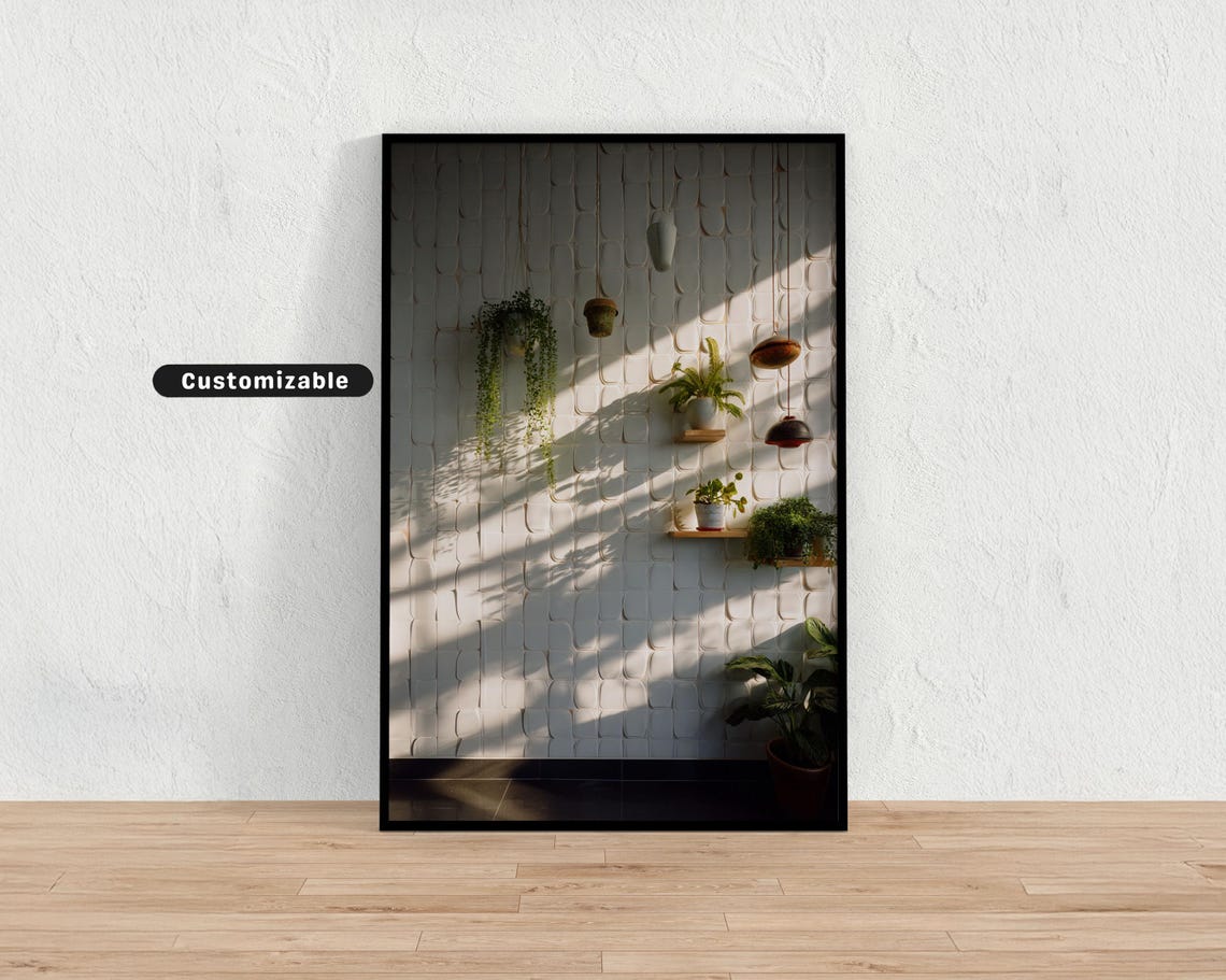 Shadowy Tile Wall With Hanging Plants Quirky Botanical Art Minimalist Ceramic Print