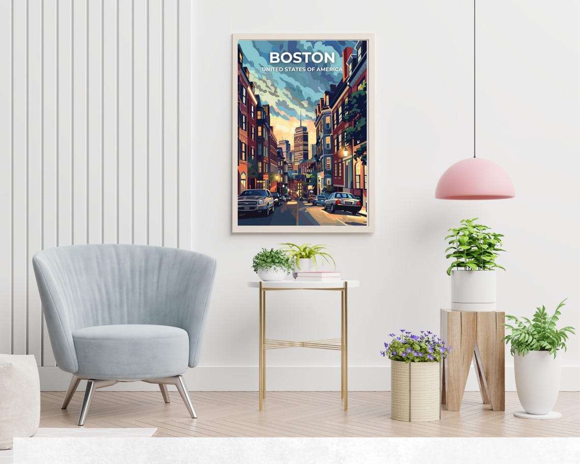Boston Brownstone Street Sunset Skyline Dramatic Sky Travel Poster - Image 2