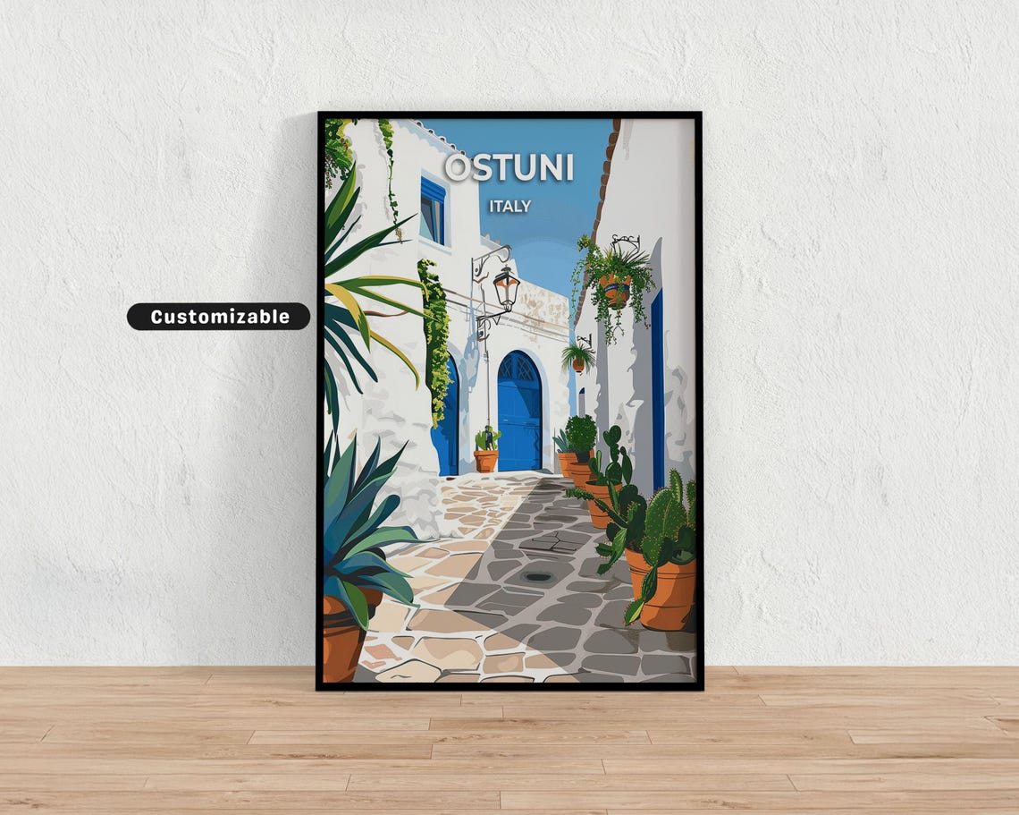 Ostuni Italy Whitewashed Alley Blue Doors Vintage Travel Poster