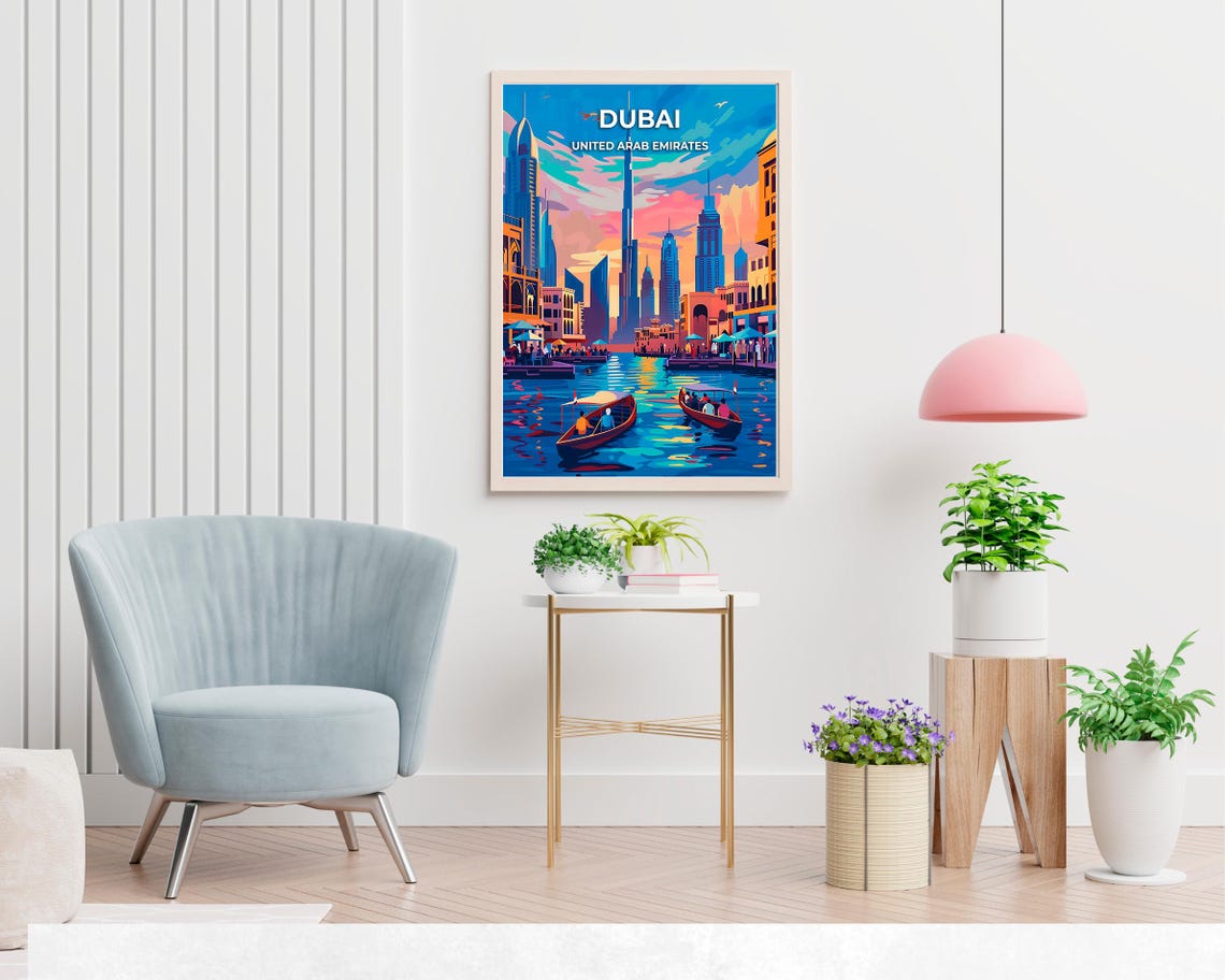 Dubai UAE Burj Khalifa Sunset Abra Boats Marina Color Travel Poster - Image 2