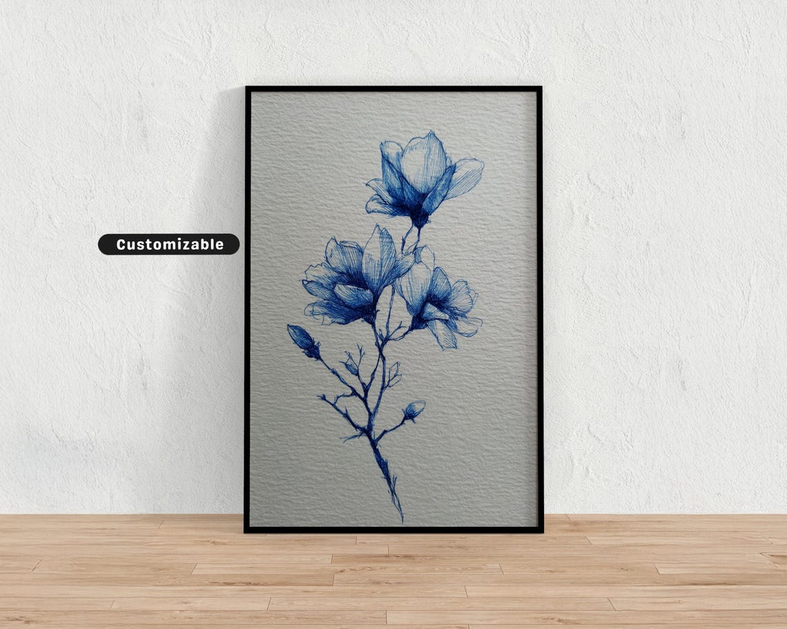 Blue Ink Botanical Flower Sketch Watercolor Style Wall Poster
