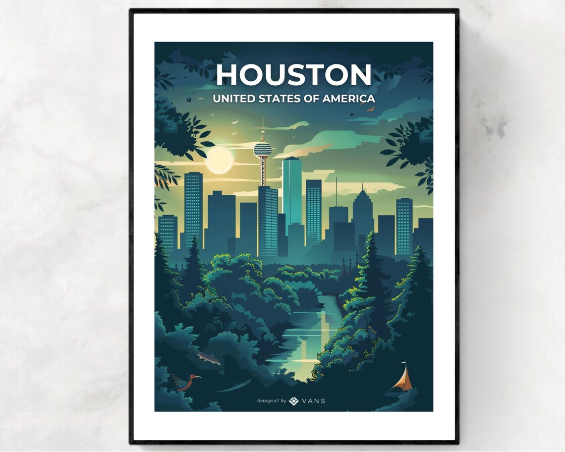 Houston Texas Dusk Night Skyline Tower Above Green Park Poster