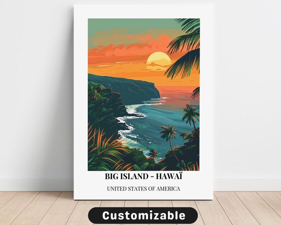 Big Island Hawaii Sunset Over Ocean Cliffs Custom Travel Poster