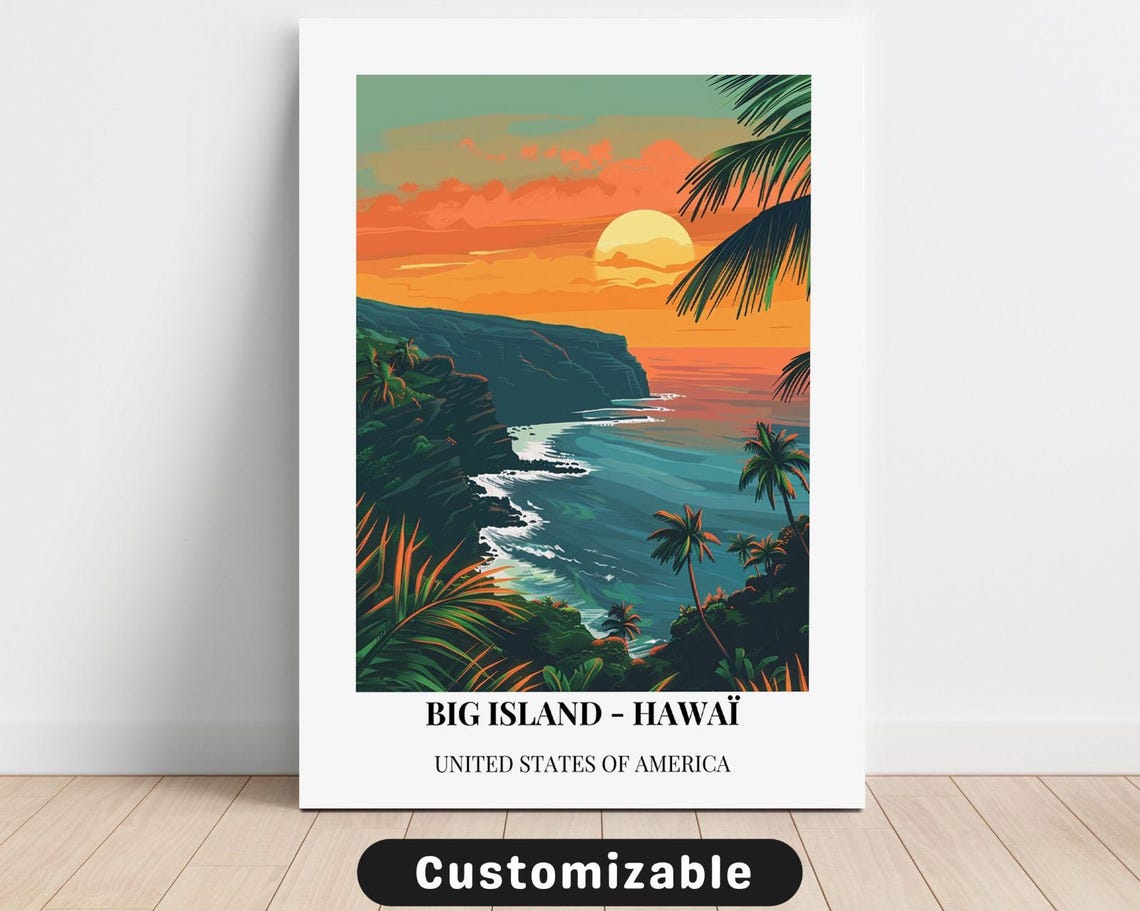 Big Island Hawaii Sunset Over Ocean Cliffs Custom Travel Poster