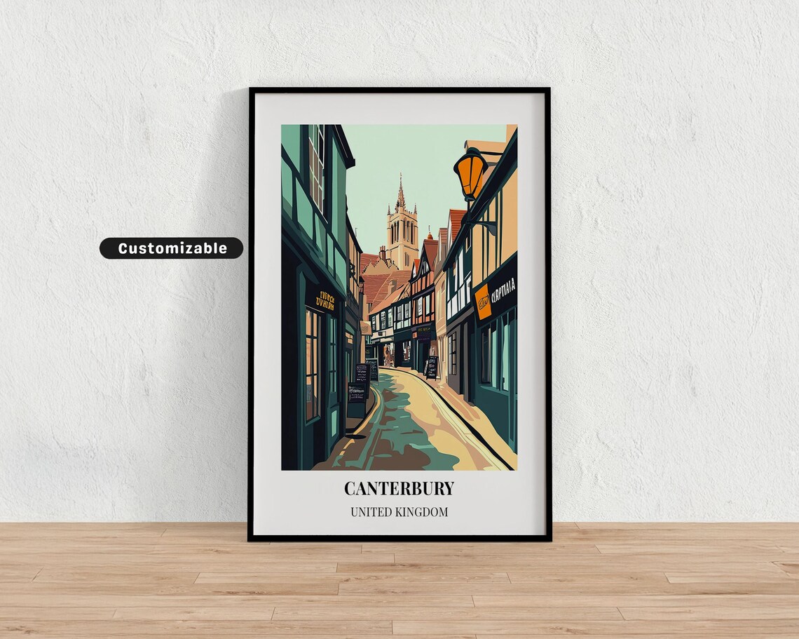 Canterbury England Shopping Street Custom Vintage Travel Art Poster