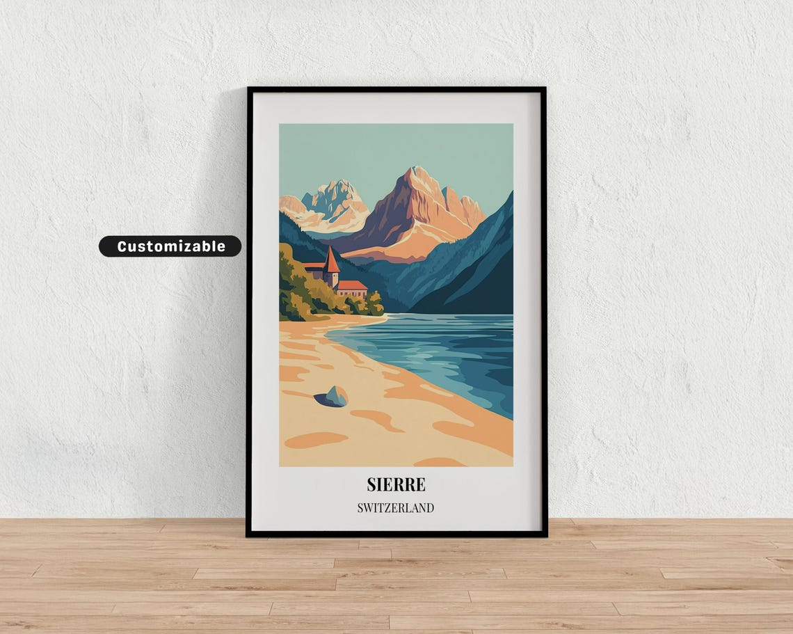Sierre Switzerland Lakeside Beach Alpine Mountain Lake Travel Poster
