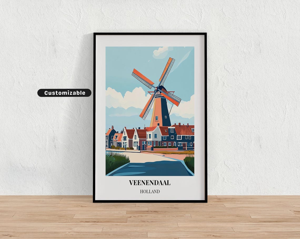 Veenendaal Holland Minimalist Windmill Town Travel Poster Art