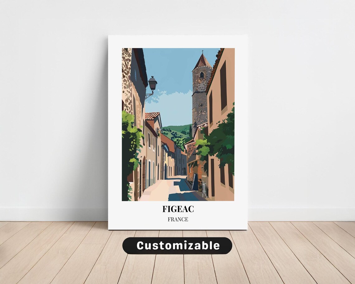 Figeac France Medieval Street Church Tower Vintage Travel Poster
