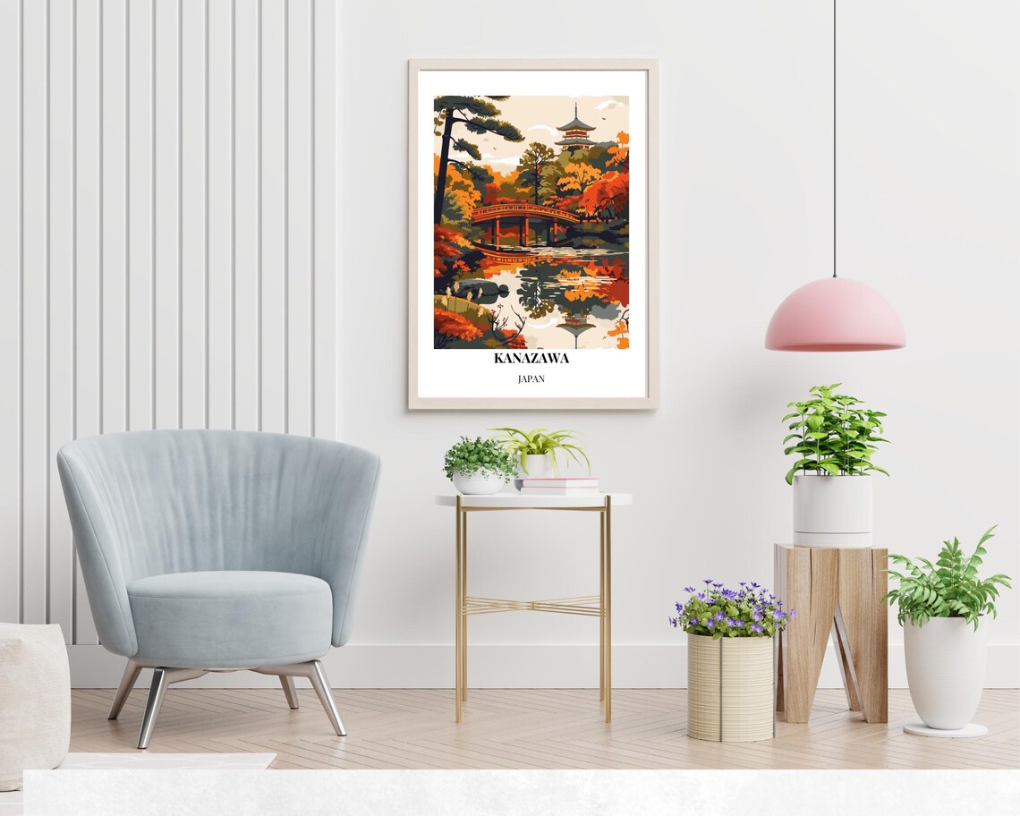 Kanazawa Japan Autumn Pagoda Bridge Pond Maple Colors Poster - Image 2