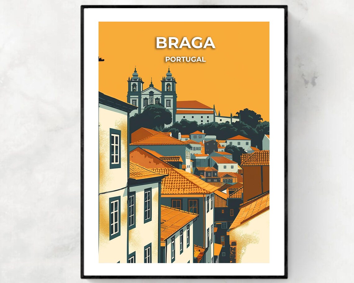Braga Portugal Bom Jesus Church Old Town Travel Illustration Poster