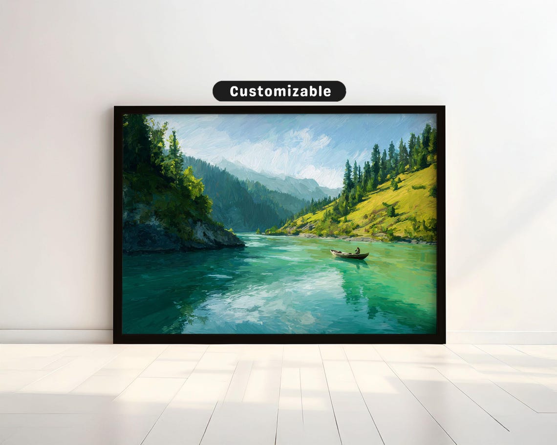 Boat On Tranquil River Between Forested Hills In Brushstroke Style Japanese Wall Art Print Zen Asian Decor