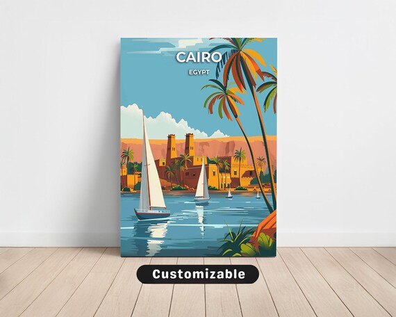 Cairo Egypt Travel Poster with Nile Sailboats Palm Trees and Old City View
