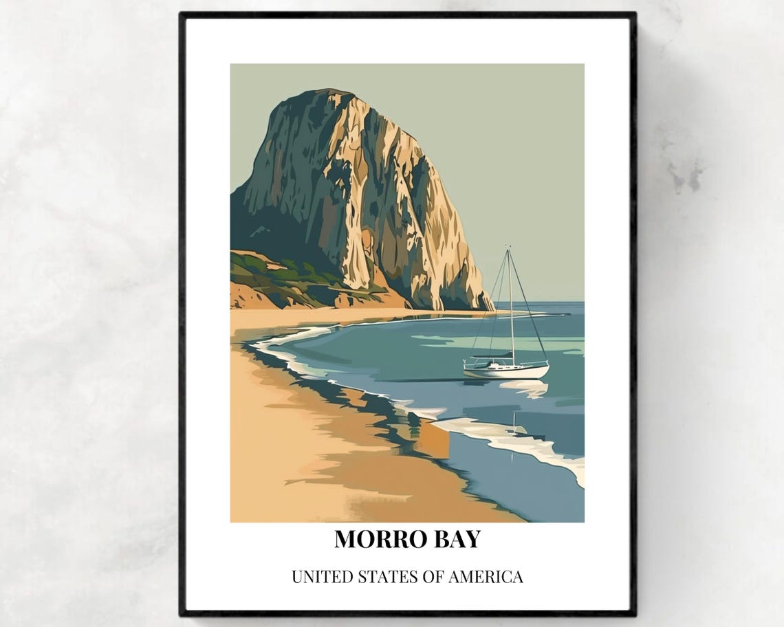 Morro Bay California Morro Rock Sailboat Coastal Travel Poster