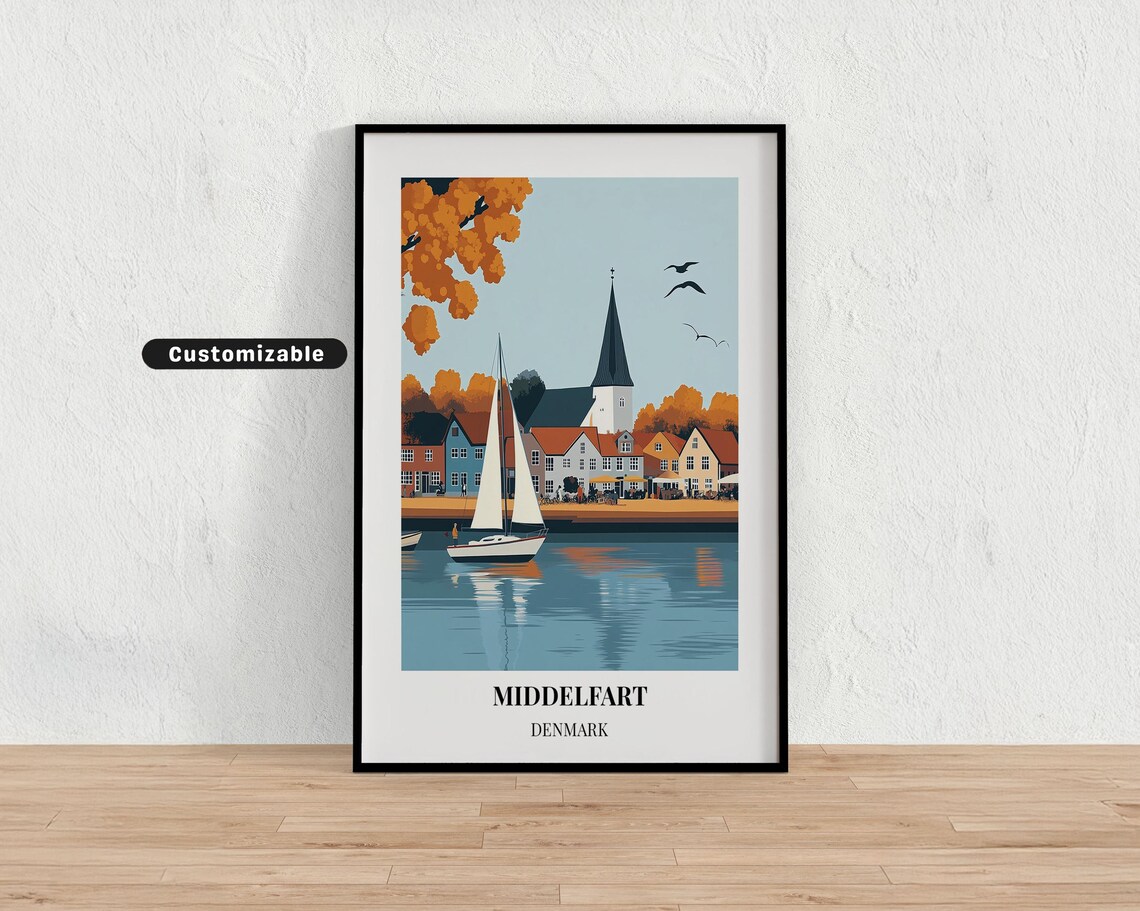 Middelfart Denmark Waterfront Church Autumn Sailboats Travel Poster