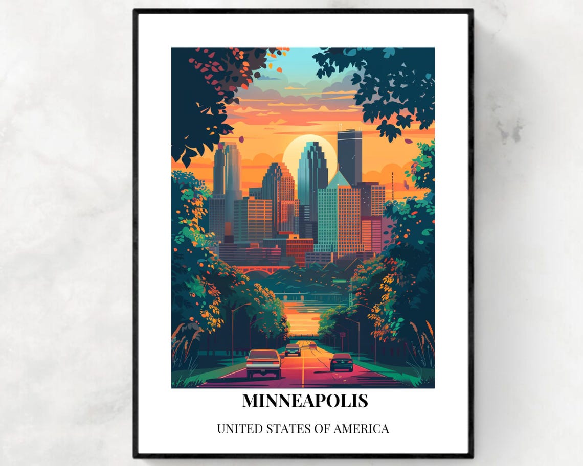 Minneapolis Sunset Skyline Through the Trees Poster Bottom Text