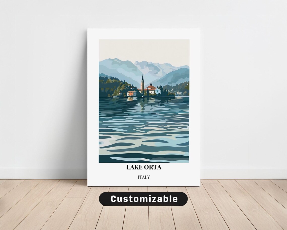 Lake Orta Italy Minimalist Island Village Blue Ripples Travel Poster