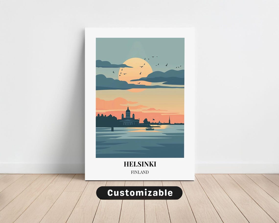 Helsinki Finland Sunset Harbor Skyline Vintage Travel Poster