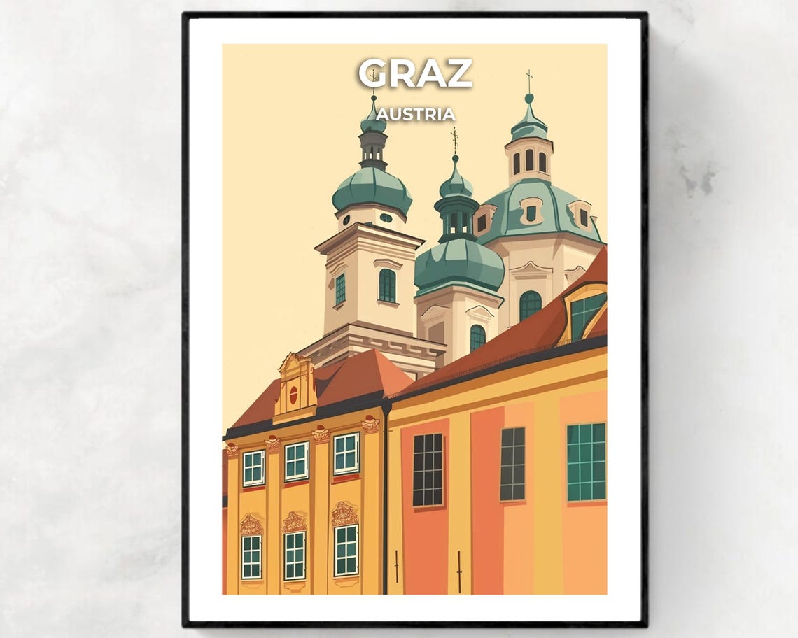 Graz Austria Historic Church Domes Over Old Town Rooftops Poster