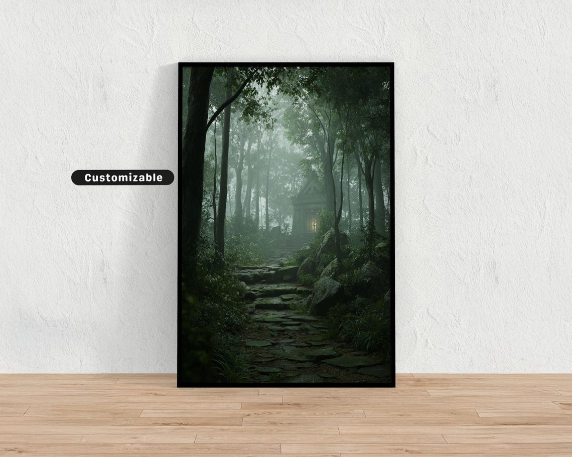 Misty Forest Path To Hidden Japanese Shrine In Foggy Woods Poster