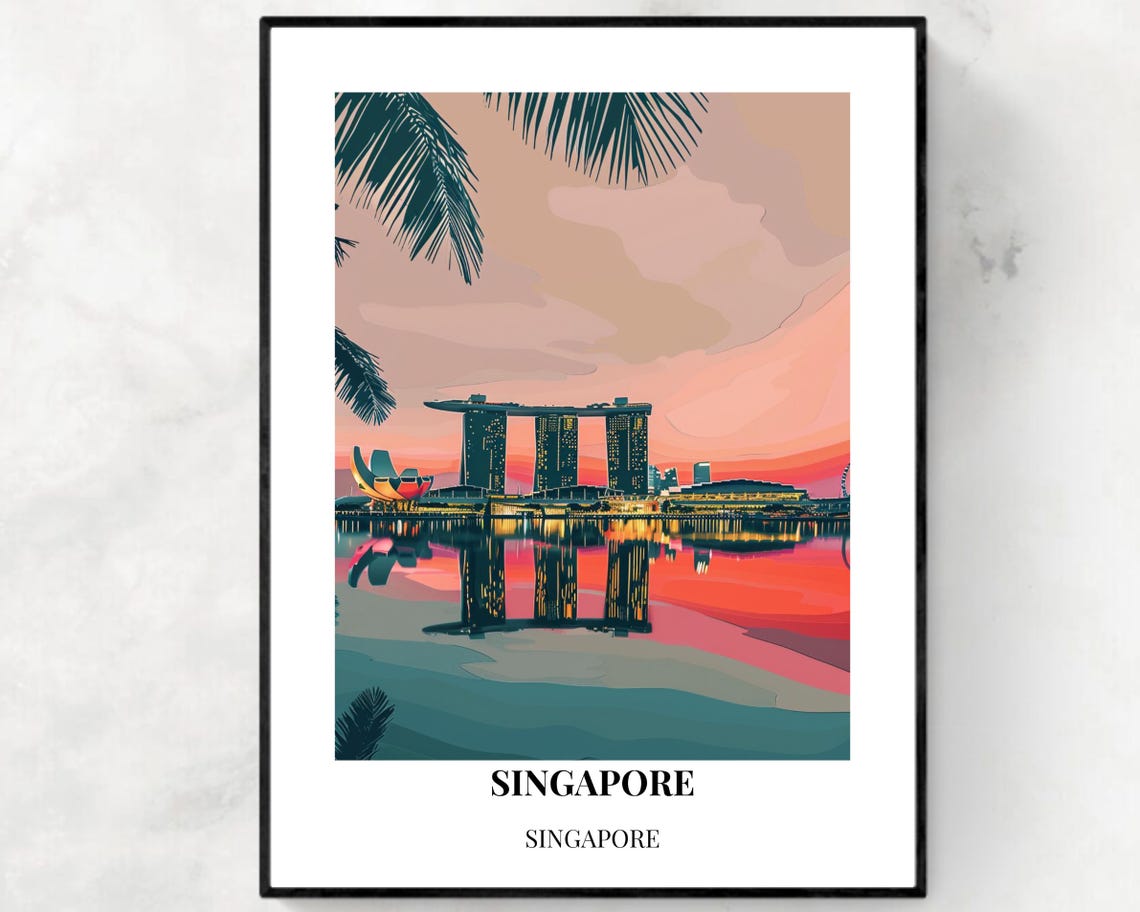 Singapore Marina Bay Golden Sunset Reflection Palm Travel Poster