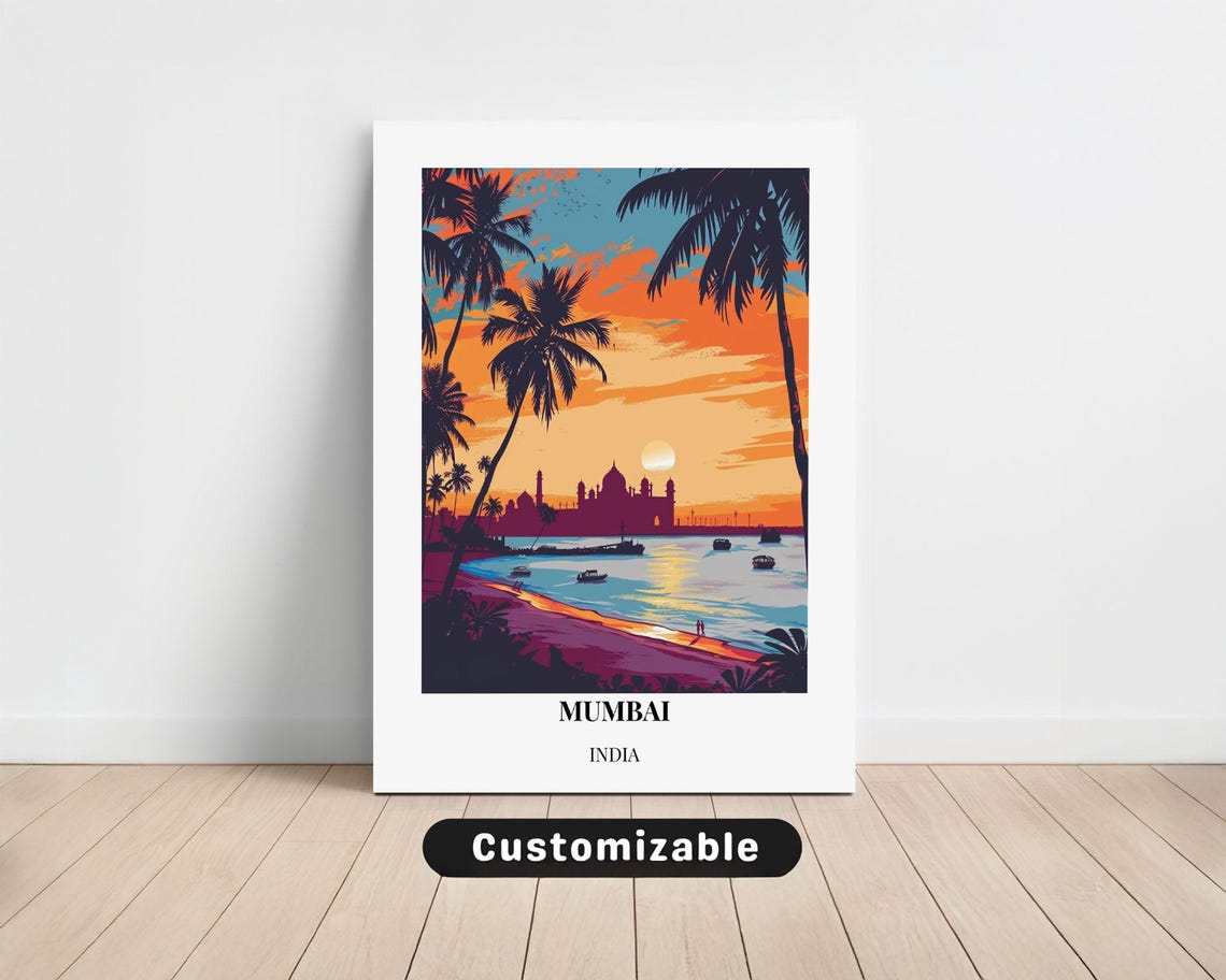 Mumbai India Beach Sunset Palm Trees Retro Vintage Travel Poster