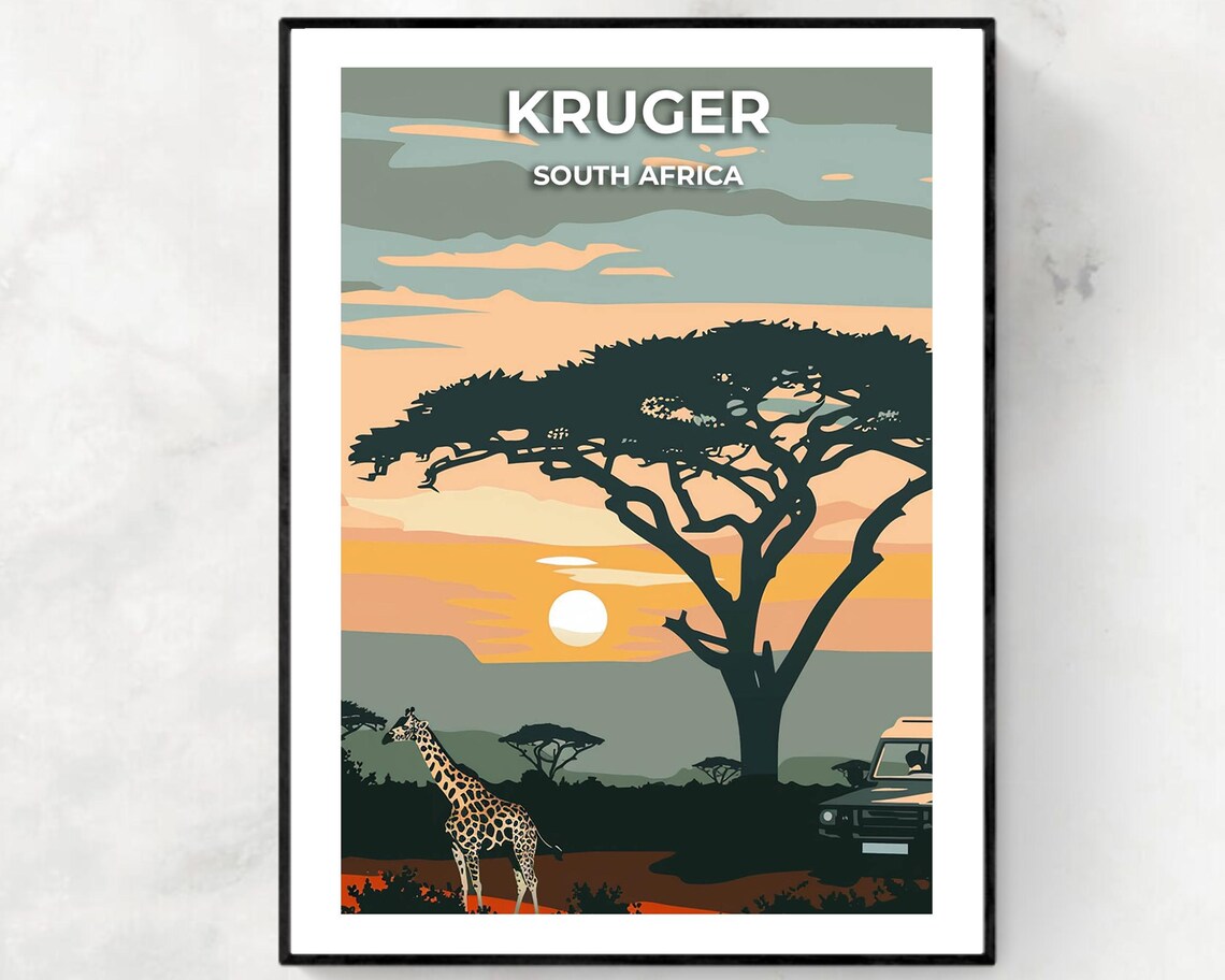 Kruger Safari Sunset With Giraffe South Africa Travel Poster