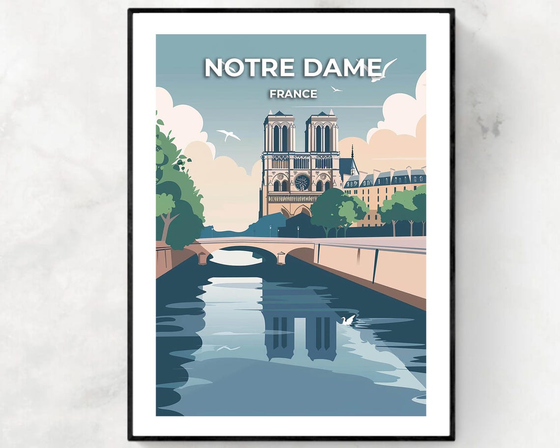 Notre Dame Cathedral Paris Seine River Reflection Travel Poster