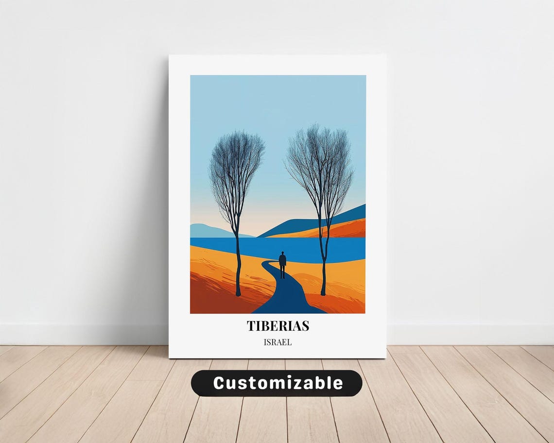 Tiberias Israel Sunset Walkway Between Trees Lakeside Travel Poster