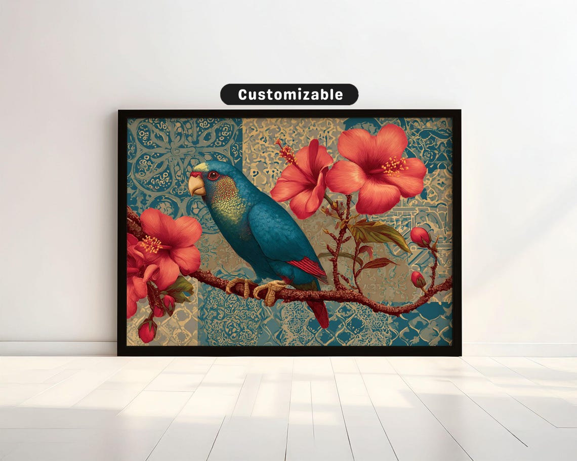 Tropical Blue Bird Hibiscus Blossom Teal Pattern Botanical Poster