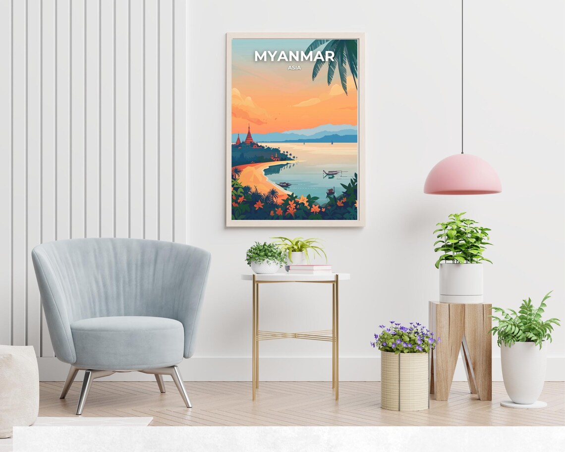 Myanmar Golden Sunset Beach With Pagoda and Fishing Boats Poster - Image 2