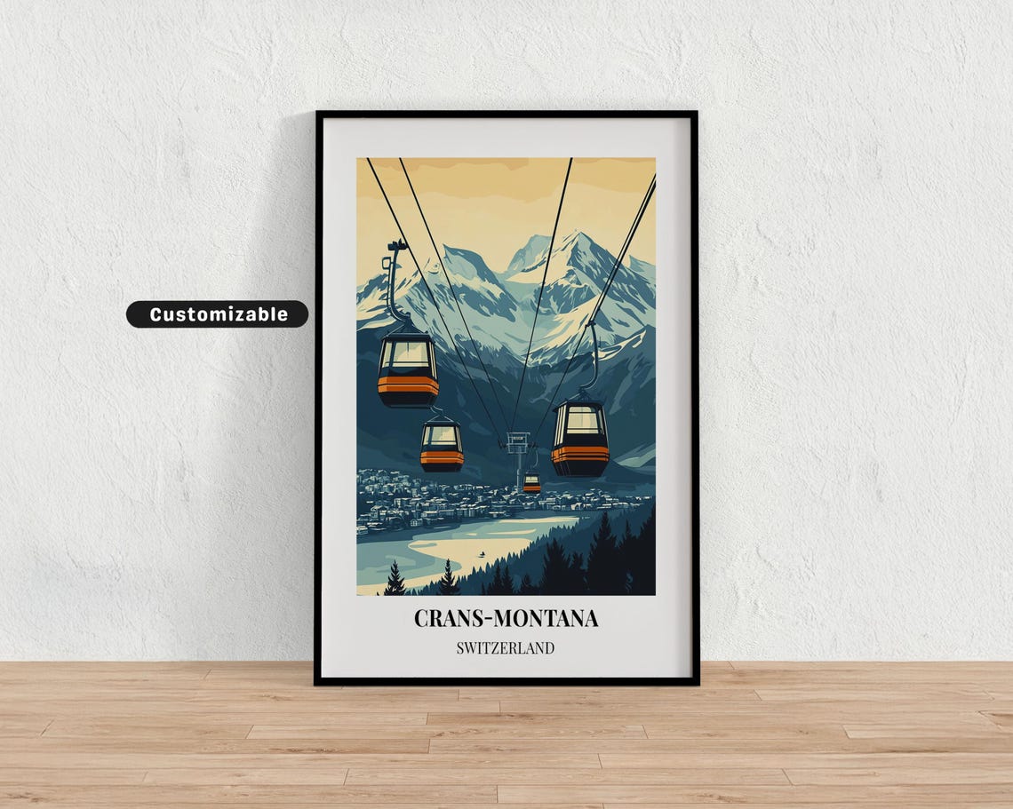 Crans Montana Switzerland Gondola Cable Cars Alpine Travel Poster