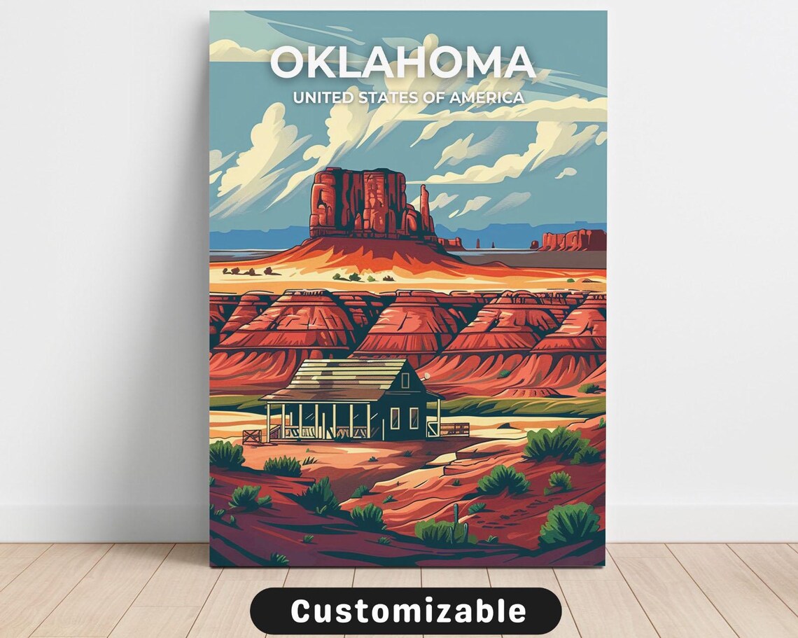 Oklahoma United States Red Rock Mesa Cabin Vintage Travel Poster